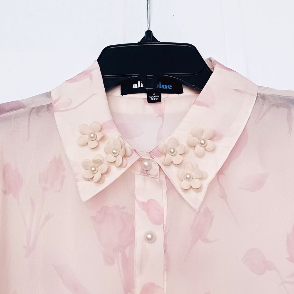 AliceBlue Women’s M Pink Floral Sheer Chiffon Collared Button Puff Sleeve Blouse - Picture 3 of 12